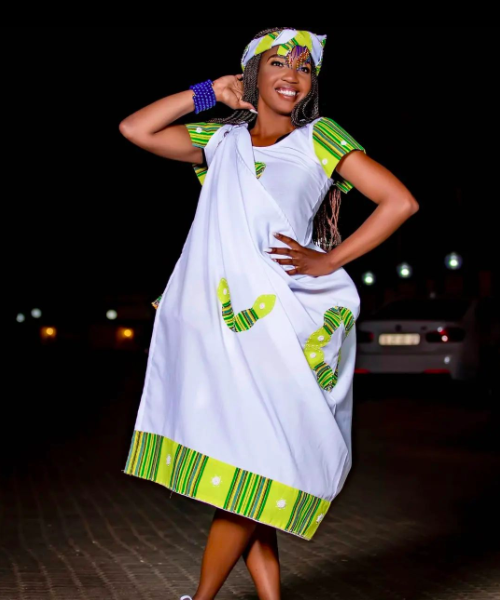 white and lime green tsonga dress